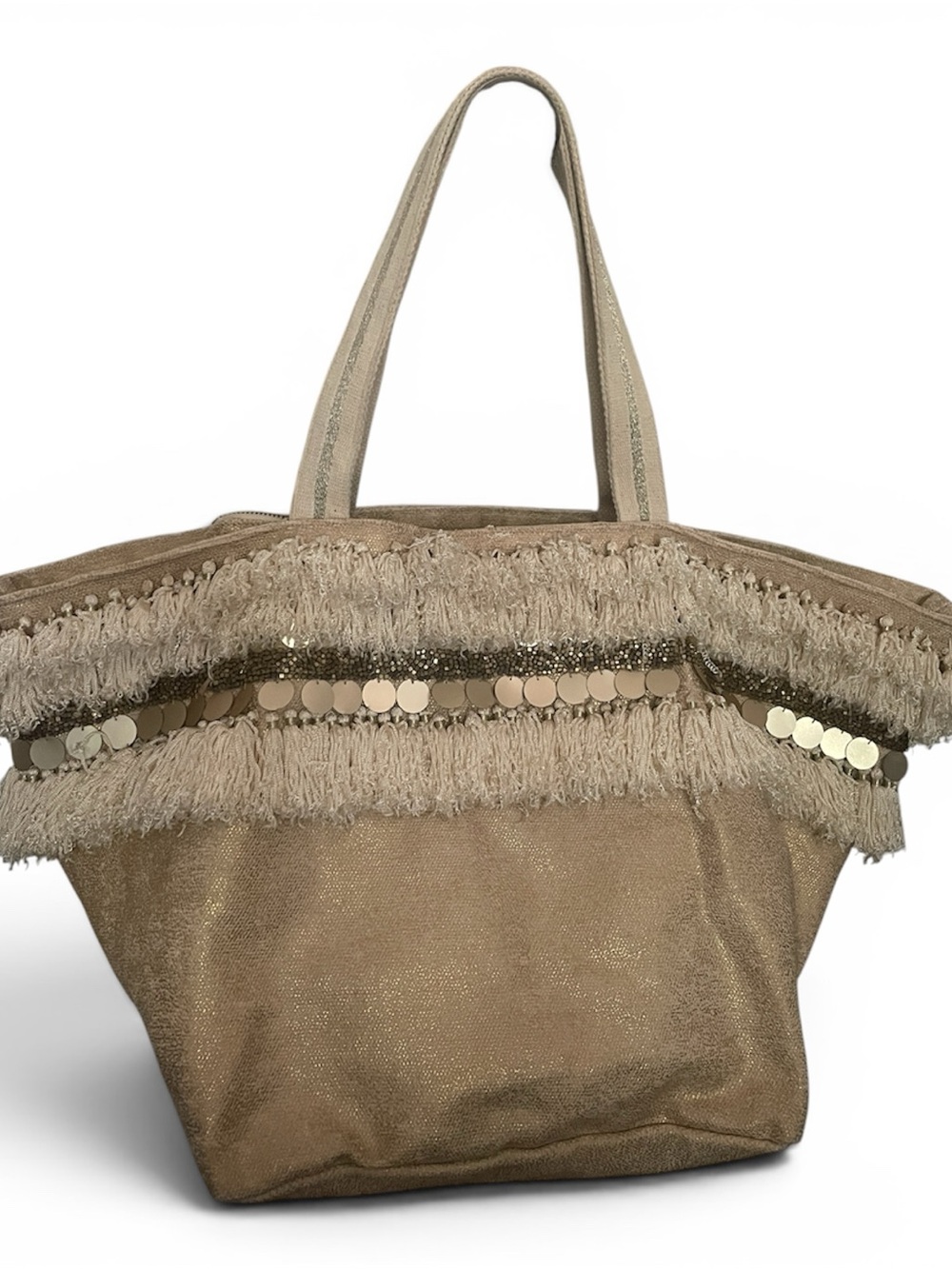 Jasper & Jeera Anthropologie tote bag featuring Fringe and Sequin - Gold